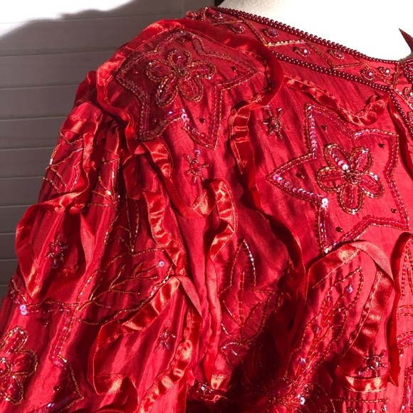 Roaman's Vintage Red Silk Beaded Sequin Rhinestone Blazer 2X - Picture 5 of 16
